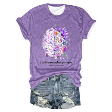 Imagem de Camisetas femininas de conscientização de Alzheimers verão roxo floral túnica casual manga curta ajuste solto gola redonda, Bege, M