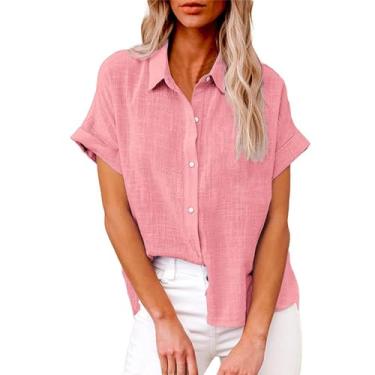 Imagem de Camisa casual de verão feminina de linho, lisa, básica, gola V, abotoada, manga curta, túnica elegante para trabalho com bolso, rosa, XXG