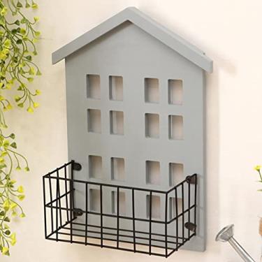 Imagem de Prateleira de Armazenamento de Parede Em Formato de Casa de Madeira, Com Cestas de Ferro, Feita à Mão, para Quarto e Sala de Estar, Estilo Rústico (Cinza)