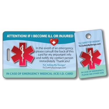 Imagem de TLC Safety By Design Alerta de alerta médico de segurança em caso de alergia de emergência Identificação de segurança Carteira de Identificação Plástica e Chaveiro com Cartão de Chamada de Emergência, Blue/Green/Red, Qty. 1