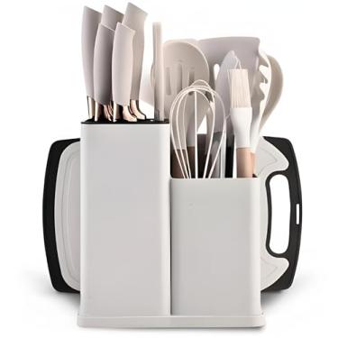 Imagem de Utensilios Para Cozinha Silicone Kit 19 Peças Cabo Madeira Conjunto Completo Espátula Concha Colher Jogo Suporte Faca Antiaderente Tabua Tesoura Faqueiro PREMIUM (Branco)