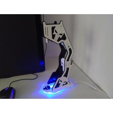 Imagem de Suporte Headset Justiceiro 100%  com LED Acrílico Preto e Branco - Hob