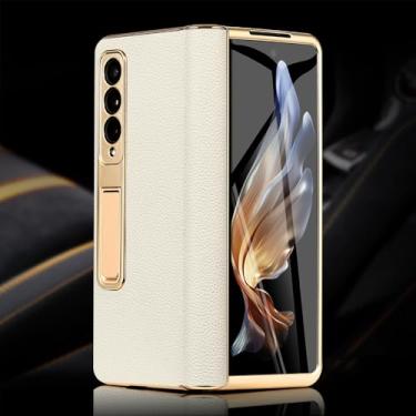 Imagem de Capa de telefone de couro para Samsung Galaxy Z Fold 6 5 4 3 Fold6 Fold5 Chapeamento de ouro Dobradiça magnética com suporte traseiro com filme espelhado, 7, para Samsung Galaxy Z Fold 4