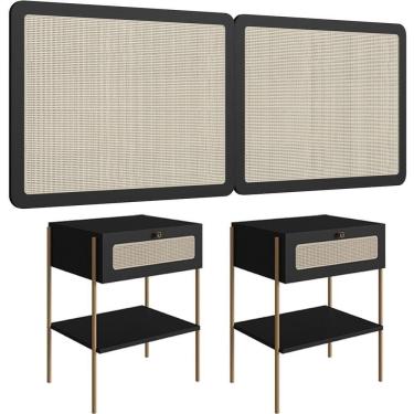 Imagem de Cabeceira Casal Queen 160cm E 2 Mesas Laterais 1 Gaveta Industrial Indy A03 Nero