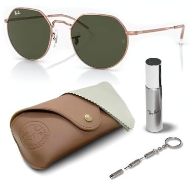 Imagem de Ray-Ban RB3565 JACK Óculos de sol de formato redondo com kit de óculos – protetores de nariz ajustáveis – Óculos de sol retrô, Armação de ouro rosa polido | Lente verde, 53 mm