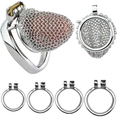 Imagem de Gaiola para pênis de aço inoxidável, malha respirável, gaiola para pênis de metal com 4 tamanhos de anel para escolher entre cinto de castidade para homens, brinquedo sexual de castidade(Curved Ring 5