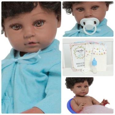 Imagem de Bebê Reborn Boneco Masculino Negro Conjunto Pagão Azul - Cegonha Rebor