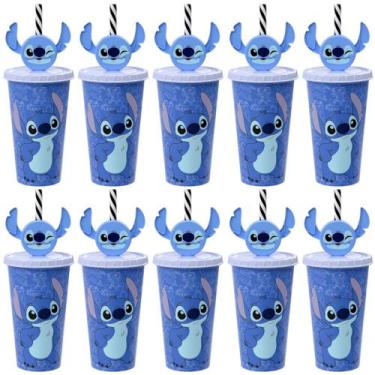 Imagem de 10 Copos Canudo Orelhas Stitch 500ml para Infantil Lembrancinha Sacola