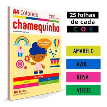 Imagem de Papel Chamequinho Colorido com 4 Cores A4 75g Pacote C/100 Folhas Cham