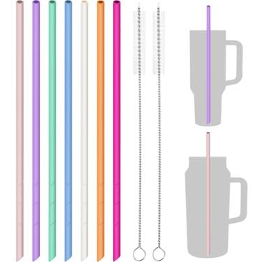 Imagem de NiHome Canudos de silicone de 35,5 cm, pacote com 7 para copos Stanley e garrafas grandes, canudos reutilizáveis de grau alimentício de comprimento personalizável com 2 escovas de limpeza, macios e