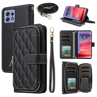 Imagem de Dswteny Argyle Capa carteira para Motorola Moto Edge 50 Pro 5G com alça de pulso alça de ombro zíper couro PU flip suporte para cartão de crédito acessórios capa de celular para edge50Pro mulheres