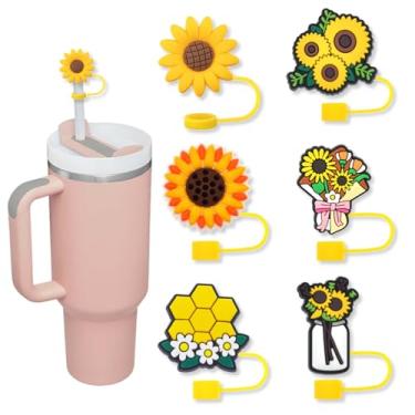 Imagem de 6 peças de cobertura de palha de girassol, topos de palha para Stanley 30 e 1,134 g copo com alça, tampa de palha à prova de poeira de 0,4 pol/10 mm, acessórios fofos de ventosa de silicone