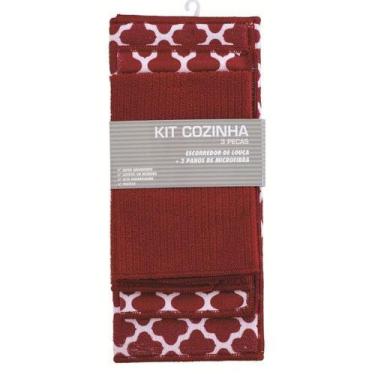 Imagem de Kit Escorredor Para Louças e 2 Panos de Microfibra Vermelho Jolitex