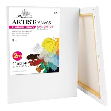 Imagem de PHOENIX Tela Esticada para Pintura 11X14"/Pacote com 2 Unidades, 8 Oz com Primer Triplo, Perfil de 5/8", Tela Branca Em Branco 100% Algodão, Tela com Moldura Quadrada para Óleo Acrílico e Arte Vazada