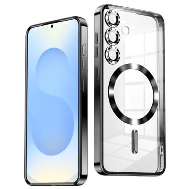 Imagem de TOBOVON Capa para Samsung Galaxy S25, compatível com MagSafe, protetor de lente de câmera integrado, proteção contra quedas de nível militar, capa de telefone TPU galvanizada macia e fina, preta