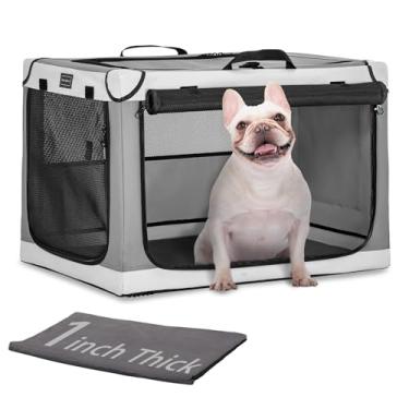 Imagem de PETSFIT Caixa portátil para cães, caixa macia para cães – 61 cm fácil de montar, leve, resistente, confortável por dentro com tapete espesso, canil portátil para casa e viagem, cinza claro