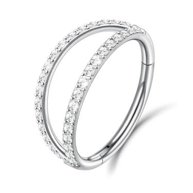 Imagem de Beautidots 1 peça 18G argola de nariz G23 titânio prata duplo CZ helix torre concha cartilagem daith tragus brincos segmento articulado piercing narina septo clicker lábio anel 8 mm, Metal, Sem Pedra