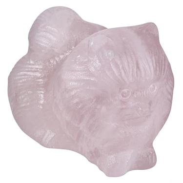 Imagem de Rockcloud Estatueta de gato de cristal de quartzo rosa natural esculpida à mão estátua de gato da sorte sentado mini animais pedra de bolso para decoração de mesa de escritório em casa
