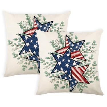 Imagem de MAZSHTTD Capas de almofada patrióticas 4 de julho 20 x 20 conjunto de 2 folhas de eucalipto estrela americana branca quarto de julho fronha decorativa decoração de sofá do dia da independência
