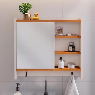 Imagem de Espelheira de Banheiro Armarinho Suspenso Com Porta Ganchos Prateleira