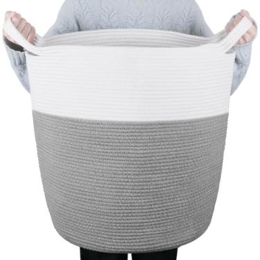 Imagem de Cesta de corda de algodão 36,8 cm x 30,5 cm x 53,3 cm Cesto de roupa suja de bebê com alça - cobertor e cesta de armazenamento de brinquedos para edredom, almofadas, berçário, sala de estar | Branco e