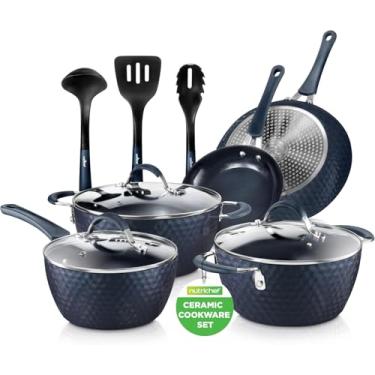 Imagem de NutriChef Conjunto de panelas de cerâmica antiaderente diamante azul de 11 peças - Panelas e frigideiras duráveis com alças, tampas e utensílios de toque frio