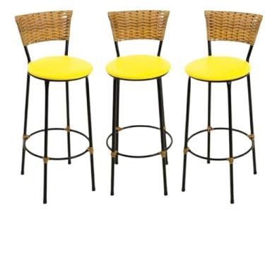 Imagem de kit 3 banquetas alta fibra sintética junco vime cozinha moderna área gourmet(3.bq.alta.imbuia/amarelo)