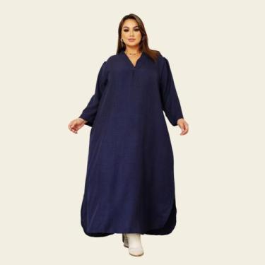 Imagem de Vestido Feminino Longo Plus Size Linho Soltinho Lia Rosa, Azul marinho