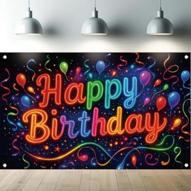 Imagem de Starlit Patio Banner neon de feliz aniversário, 188 x 109 cm, balões coloridos, decoração de festa, placa brilhante neon para festa de aniversário, celebração, cabine fotográfica, cenários de fundo