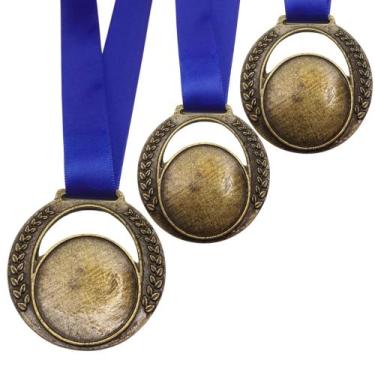 Imagem de Kit 5 Medalhas de Metal 50mm para personalização com fita azul Eventos
