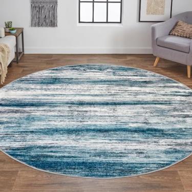 Imagem de KOZYFLY Tapete redondo abstrato moderno de 1,5 m, tapete de cozinha lavável, antiderrapante, macio, tapete de entrada listrado azul petróleo, tapete de entrada de lã sintética para cabeceira, entrada,