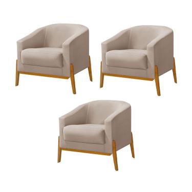 Imagem de Kit 3 Poltronas Living Base Em Madeira Maciça Flórida Veludo Bege - Bege