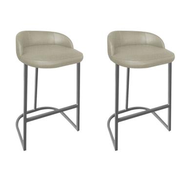Imagem de Kit 02 Banqueta Com Encosto Alta Cozinha Bar Balcão Ferro Cinza Linho Bege Escuro - Amey Decor