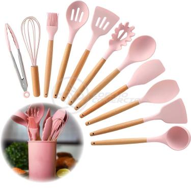Imagem de Kit 12 Utensílios Jogo De Cozinha De Silicone Com Espatulas Pincel Batedor Manual - Rosa
