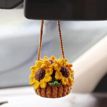 Imagem de Linda planta de crochê para espelho retrovisor de carro, acessórios de pendurar boho feitos à mão para mulheres e meninas, decoração estética interior verde suporte de caminhão enfeite para homens