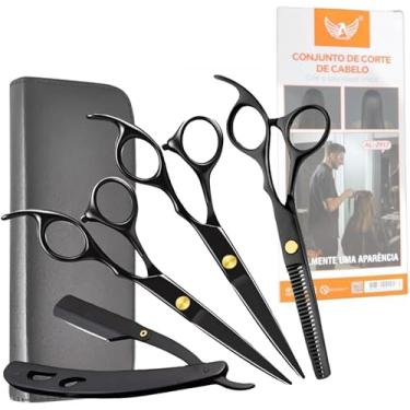 Imagem de Estojo com 6 Peças Tesouras e Navalha Profissionais Barbeiro Fio Laser BLACK