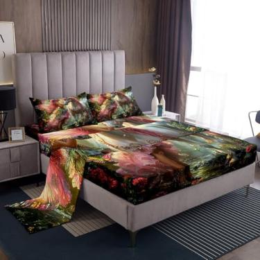 Imagem de Manfei Jogo de lençol infantil casal de conto de princesas, cavalo, unicórnio, borboleta, selva, país das maravilhas, decoração de quarto de meninas, meninos, flores, botânico, rosa, sonhador, 4 peças