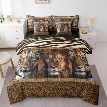 Imagem de Jogo de cama Queen com estampa de tigre e leão, guepardo, 7 peças, boêmio, preto, marrom, zebra, pele de leopardo, listras, para crianças, safári, animais selvagens, africano, safári em uma bolsa com