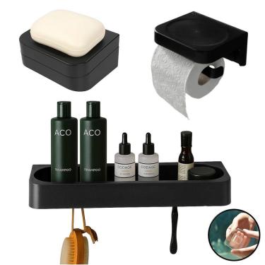 Imagem de Kit Banheiro 3pç Saboneteira + Papeleira + Porta Shampoo Com Adesivo Preto - Eleve Ou