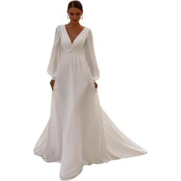 Imagem de Vestido De Noiva Manga Comprida Com Decote Em V Escritório Civil Moda Nupcial Vestidos De Noiva, Ivory 01, 46