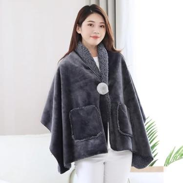 Imagem de Cobertor De Poncho De Lã, Capa De Pelúcia Para Mulheres, Cobertor De Xale Multifuncional, Capa Macia Para Aquecimento De Inverno, Design De Flanela Sherpa Aconchegante E Macia, Black, 45×140cm