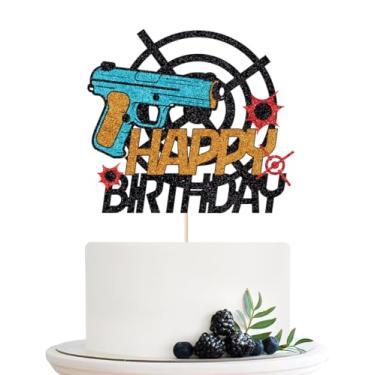 Imagem de Naicaek Topper de bolo de feliz aniversário, decoração de bolo de guerra de dardos com alvo de arma, tema de tiro de armas para entusiastas de festa de aniversário para meninos, meninas e crianças