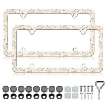 Imagem de Moldura de placa de licença de flor - 2 peças de flores personalizadas suporte de placa de licença de metal de alumínio floral, à prova de ferrugem, à prova de ferrugem, molduras decorativas para