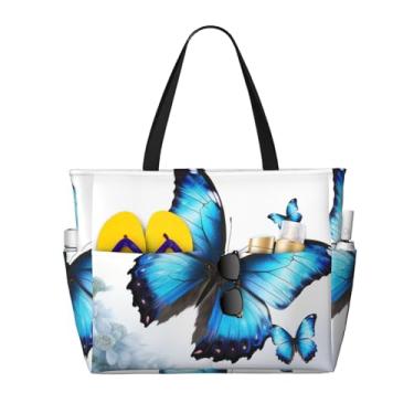 Imagem de LDTVSFZQ Bolsas de praia com borboleta azul para mulheres, grande, impermeável, à prova de areia, bolsa de piscina, bolsa leve com zíper para viagem de ginástica, preta, tamanho único