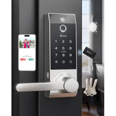 Imagem de Fechadura de impressão digital com anel de bloqueio inteligente para proprietários de casas ou pais Fechadura de porta com câmera e maçaneta para locatários, fechadura de porta de entrada sem chave