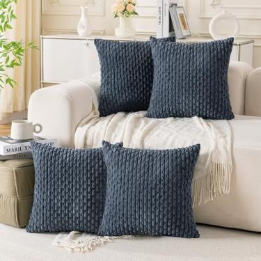 Imagem de Cozoomy Conjunto de 4 capas de almofada decorativas cinza azul acastanhado 66 x 66 cm capas de almofada de veludo cotelê para cama, sofá, sala de estar, capas de almofada quadradas macias
