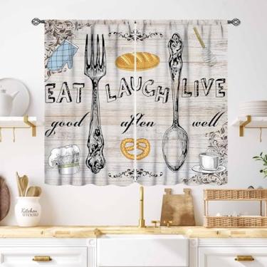 Imagem de Lnepty Cortinas de madeira para cozinha de fazenda, garfo vintage, tema de cozinha, café, janela, celeiro, campo, madeira, prancha, varão, bolso, banheiro, janela, cortinas, 2 painéis, 132 x 99 cm