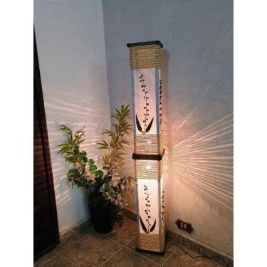 Imagem de Abajur de chão piso luminária rustico de madeira corda com folhagens d