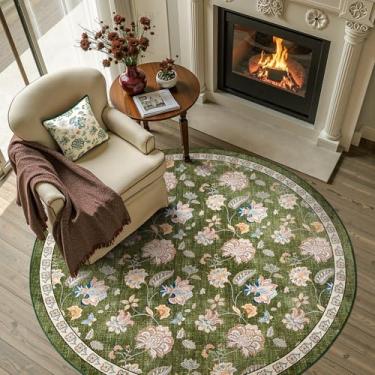 Imagem de jinchan Tapete redondo floral de 1,5 m para entrada, lavável, tapete de cozinha, design vintage romântico, antiderrapante, tapete interno leve e discreto para sala de estar, sala de jantar, quarto