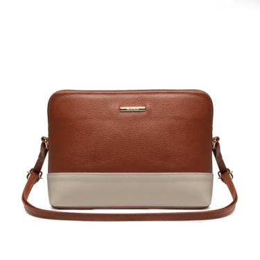 Imagem de Bolsa Tiracolo Pequena em Couro Legítimo, Conhaque e Bege, 27x19x9 cm, 5 Compartimentos, Fecho com Zíper
